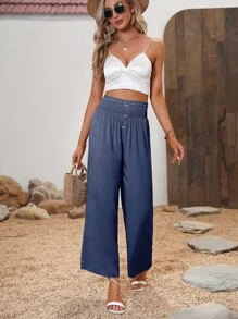 SHEIN LUNE Quần nữ Dải chun Nút phía trước Quần paper-bag màu trơn Giải trí - Màu xanh hải quân - Xem 1