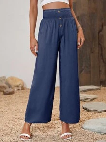 SHEIN LUNE Quần nữ Dải chun Nút phía trước Quần paper-bag màu trơn Giải trí - Màu xanh hải quân - Xem 4