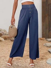 SHEIN LUNE Quần nữ Dải chun Nút phía trước Quần paper-bag màu trơn Giải trí - Màu xanh hải quân - Xem 5