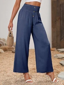 SHEIN LUNE Quần nữ Dải chun Nút phía trước Quần paper-bag màu trơn Giải trí - Màu xanh hải quân - Xem 6