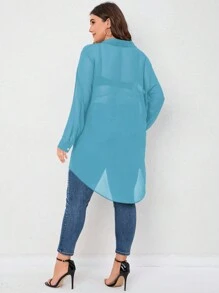 SHEIN LUNE 大碼素色前紐扣高低下擺襯衫 - 薄荷藍 - 查看 2