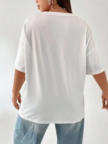 SHEIN Qutie 大碼標語圖案落肩T恤 - 白色 - 查看 2