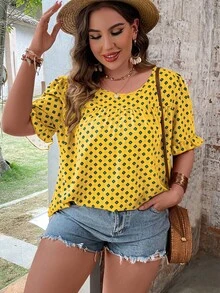 SHEIN LUNE 大碼滿版印花喇叭袖襯衫 - 黃色 - 查看 3