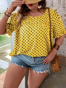 SHEIN LUNE 大碼滿版印花喇叭袖襯衫 - 黃色 - 查看 4