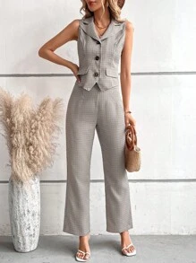 SHEIN Privé 格紋印花馬甲西裝外套和褲子 - 卡其色 - 查看 5