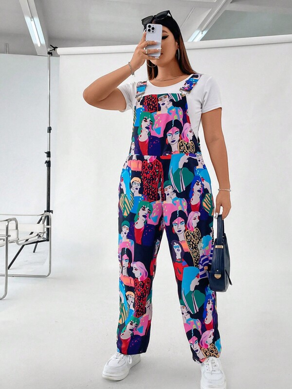 Flirla Plus Figure Graphic Overall Jumpsuit Without Tee