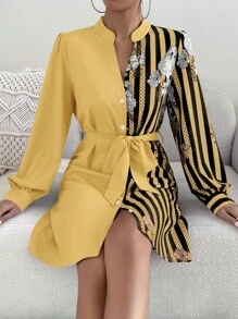 SHEIN Clasi Đầm Thắt lưng Nút phía trước Hoa Sọc Thanh lịch - Màu vàng - Xem 1