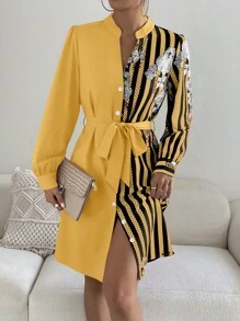SHEIN Clasi Đầm Thắt lưng Nút phía trước Hoa Sọc Thanh lịch - Màu vàng - Xem 3