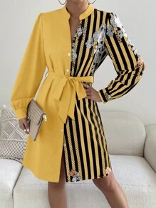SHEIN Clasi Đầm Thắt lưng Nút phía trước Hoa Sọc Thanh lịch - Màu vàng - Xem 4