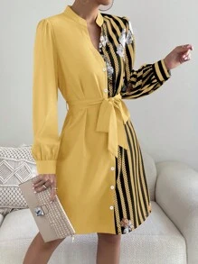 SHEIN Clasi Đầm Thắt lưng Nút phía trước Hoa Sọc Thanh lịch - Màu vàng - Xem 5
