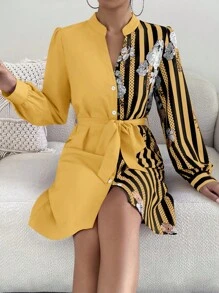 SHEIN Clasi Đầm Thắt lưng Nút phía trước Hoa Sọc Thanh lịch - Màu vàng - Xem 6
