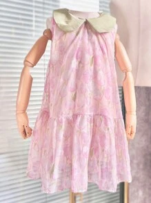 Teen Girls Floral Print Contrast Collar Ruffle Hem Dress - Pink - View 1