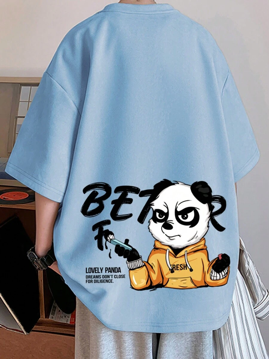 Claim Dot Áo thun hở vai họa tiết hoạt hình & khẩu hiệu dành cho nam - Màu xanh bụi bặm - Xem 1