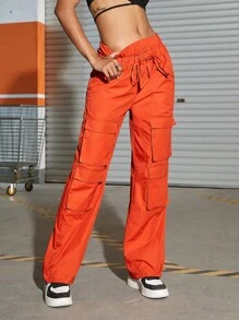 Street Double Drawstring Eo Flap Pocket Cargo Quần - trái cam - Xem 1