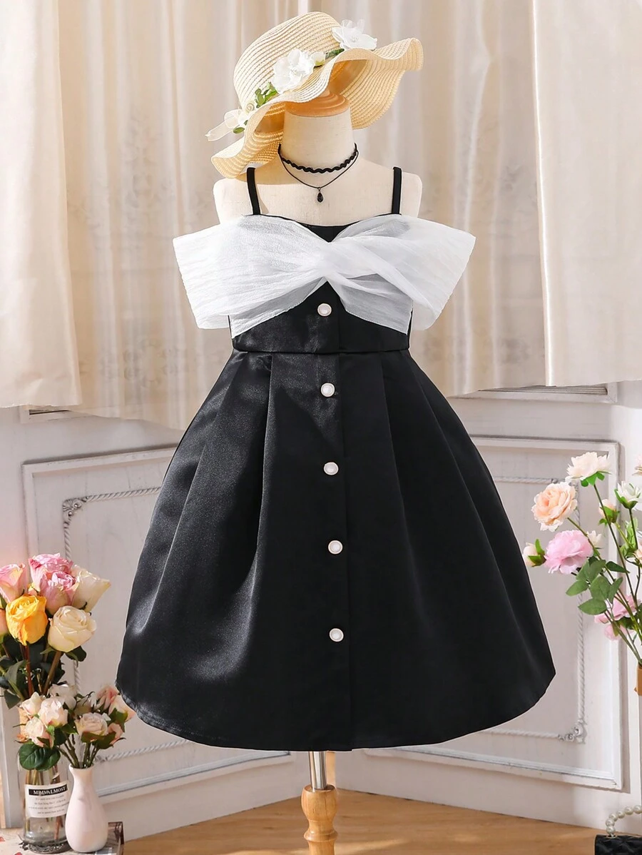 SHEIN Đầm Gái Tương phản Mesh Khối Màu Buổi tiệc - Đen và trắng - Xem 1