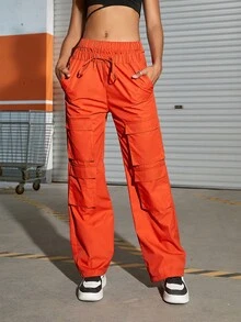 Street Double Drawstring Eo Flap Pocket Cargo Quần - trái cam - Xem 4