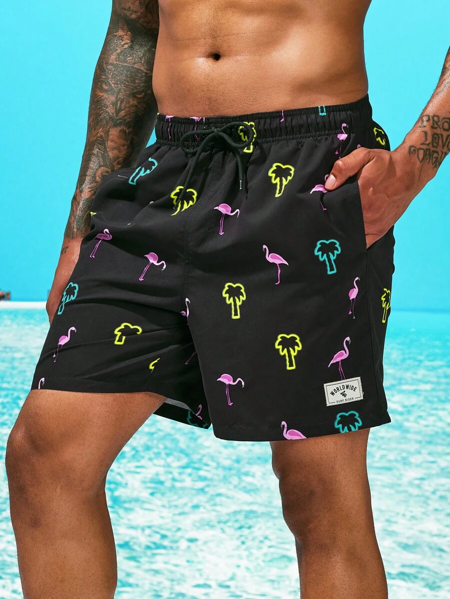 Surfspeed Men Flamingo Print Letter Patched Detail Drawstring Waist Swim Trunks,Hawaiian - Black - View 1