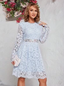 Eilly Bazar 蕾絲覆蓋A字洋裝 - 淺藍色 - 查看 4