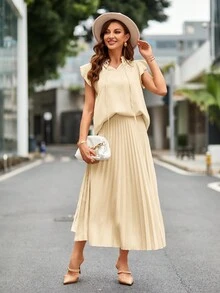 SHEIN Privé Bộ đồ hai mảnh nữ Xếp li màu trơn Giải trí - Màu be - Xem 4