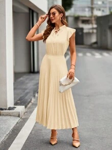 SHEIN Privé Bộ đồ hai mảnh nữ Xếp li màu trơn Giải trí - Màu be - Xem 5