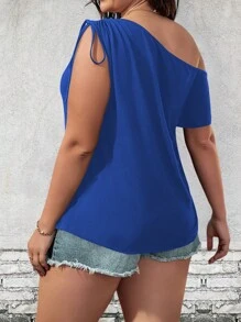 SHEIN LUNE Talla grande Camiseta con cordón lateral de cuello asimétrico - Azul - Ver 2
