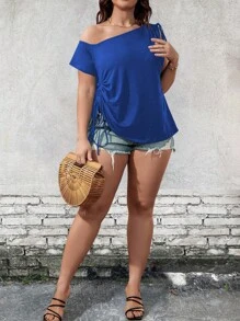 SHEIN LUNE Talla grande Camiseta con cordón lateral de cuello asimétrico - Azul - Ver 4