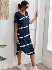 Breezaya Striped Curved Hem Split Tee Dress - Navy Blue - View 1