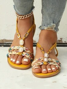 Vacation Woven Design Flat Sandals - Yellow - View 7