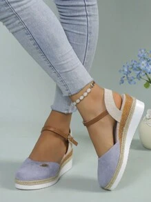 Nữ Chi Tiết Chữ Khóa Trang Trí Giày Nêm, Kỳ Nghỉ Ngoài Trời Vải Dây Đeo Mắt Cá Chân Court Wedges - Màu xanh nhạt - Xem 3