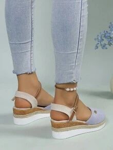 Nữ Chi Tiết Chữ Khóa Trang Trí Giày Nêm, Kỳ Nghỉ Ngoài Trời Vải Dây Đeo Mắt Cá Chân Court Wedges - Màu xanh nhạt - Xem 5