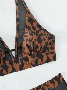 豹紋印花網紗拼接掛脖比基尼泳裝 - 彩色 - 查看 5