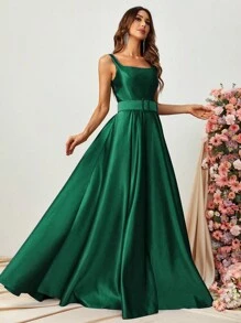 Solid Belted Satin Formal Dress - Dark Green - View 6