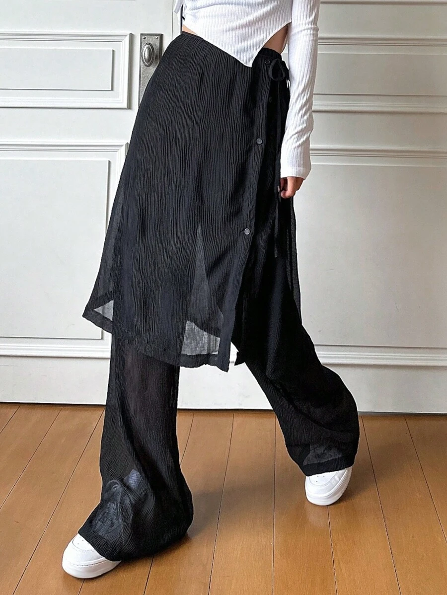 DAZY Quần nữ Nút phía trước màu trơn Giải trí - màu đen - Xem 1