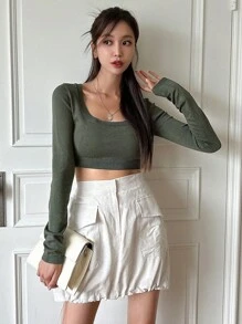 DAZY Áo len nữ màu trơn Giải trí - Màu xanh lá cây đậm - Xem 4