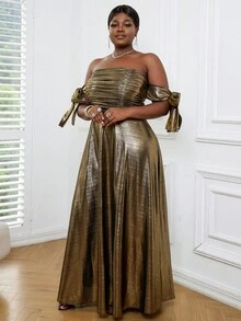 Plus Off Shoulder Knot Cuff Metallic Dress - Gold - View 5