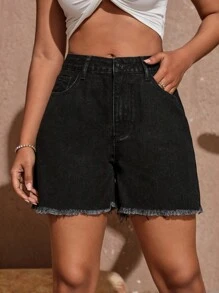 SHEIN SXY Quần short denim nữ Túi Dây kéo Hem thô màu trơn - màu đen - Xem 2
