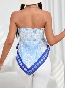 SHEIN Essnce Áo nữ Bất đối xứng viền lá sen Dải chun Hoa Bộ lạc Boho - Xanh và trắng - Xem 2