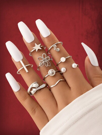 Grunge Punk 9pcs Fashion Zinc Alloy Star & Flower Rhinestone Decor Ring For Women For Daily Decoration