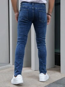Hombres Jeans ajustados con bolsillo oblicuo - Azul lavado oscuro - Ver 2
