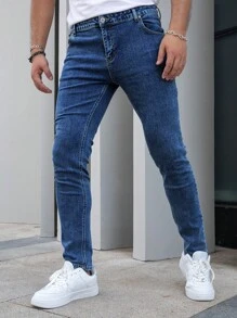 Hombres Jeans ajustados con bolsillo oblicuo - Azul lavado oscuro - Ver 5