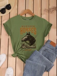 SHEIN LUNE 字母和馬圖案T恤 - 軍綠色 - 查看 1