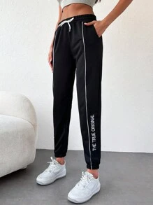 Cottnline Letter Graphic Contrast Piping Drawstring Waist Joggers - Black - View 1