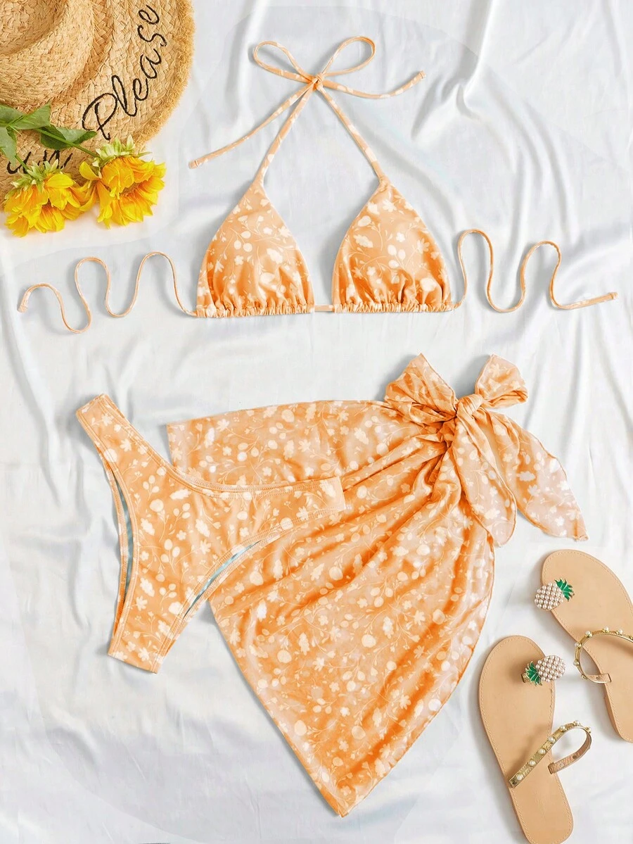 Floral Halter Triangle Bikini Set For Summer With Beach Skirt - Orange - View 1