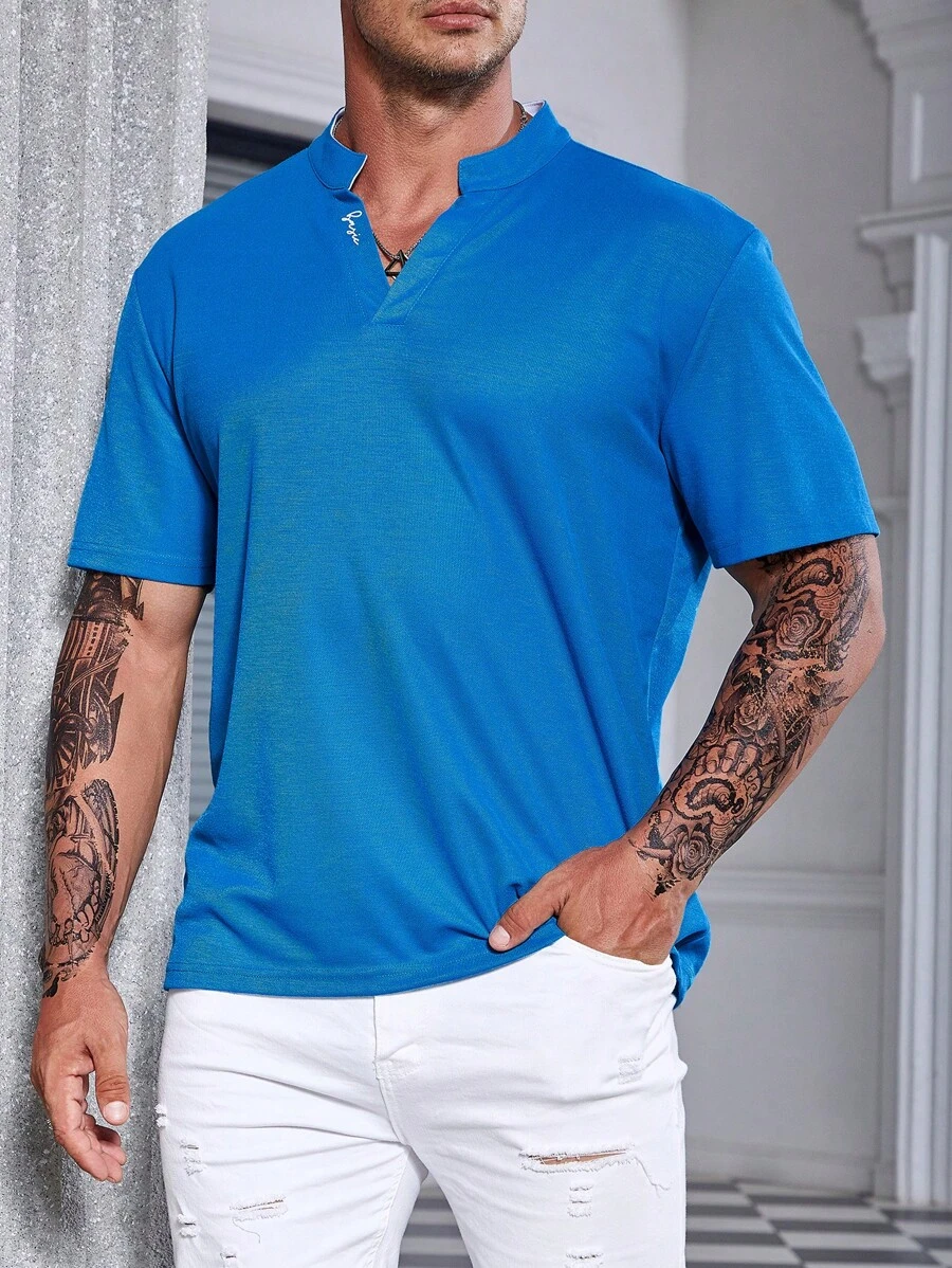 Manfinity Homme Men Plus Letter Graphic Notched Neck Polo Shirt - Blue - View 1