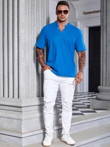 Manfinity Homme Men Plus Letter Graphic Notched Neck Polo Shirt - Blue - View 5