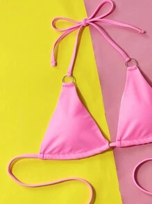 Top bikini triángulo vinculado con aro halter - Rosa - Ver 3