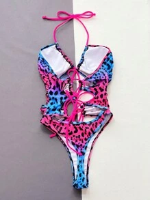BamGleam Summer Beach Cut-Out Lace Up Halter One Piece Swimsuit