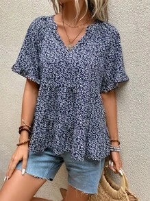 SHEIN LUNE Áo sơ mi nữ Xù Viên lá sen Họa tiết hoa Boho - Xanh và trắng - Xem 4