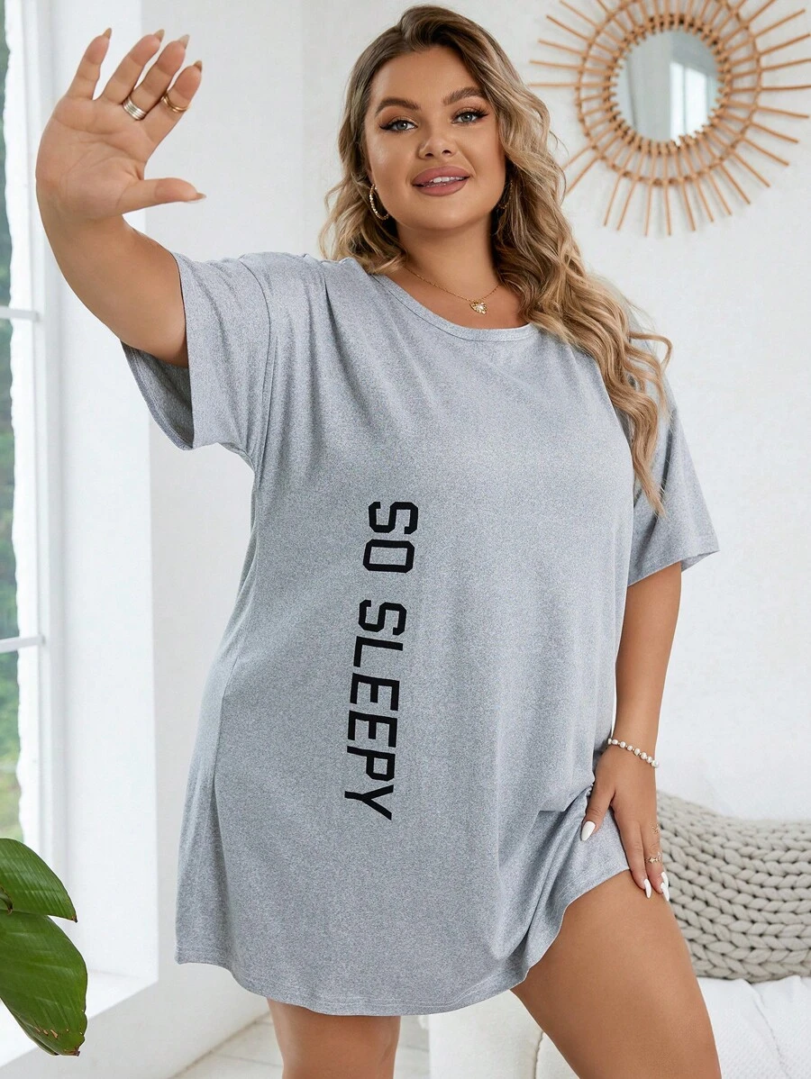 Plus Letter Graphic Drop Shoulder Pajama Nightdress, Moo Moo Night Dress - Grey - View 1