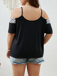 SHEIN LUNE 大碼豹紋印花挖肩鏈條細節T恤 - 黑色 - 查看 2